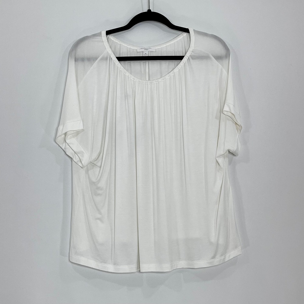 Grade & Gather White Gathered Scoop Neck Short Sleeve Blouse Top S/M D40611